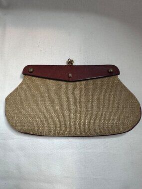 Vintage Etienne Aigner Clutch Bag Straw Leather Kiss Lock Handmade